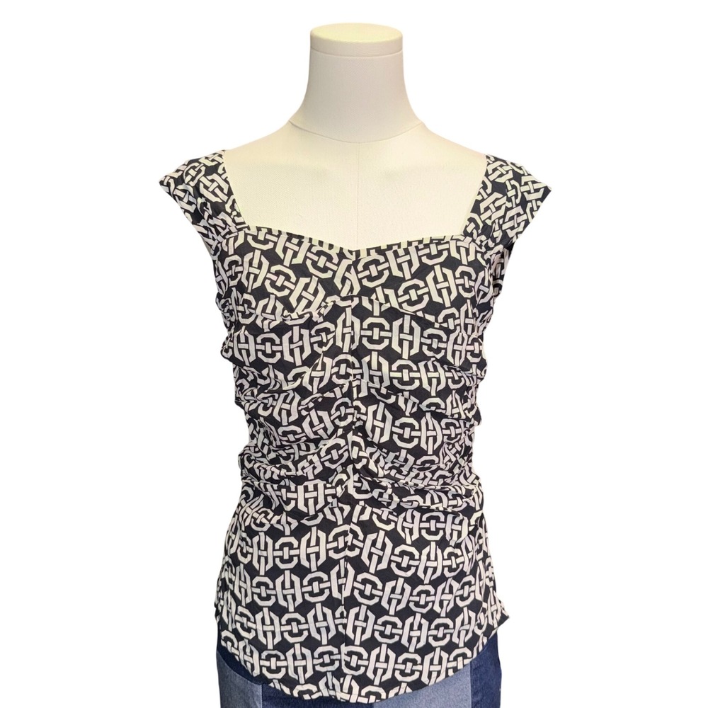 Seventy Italy Black White Geometric Chain Print Ruched Cap Sleeve Stretch Top
